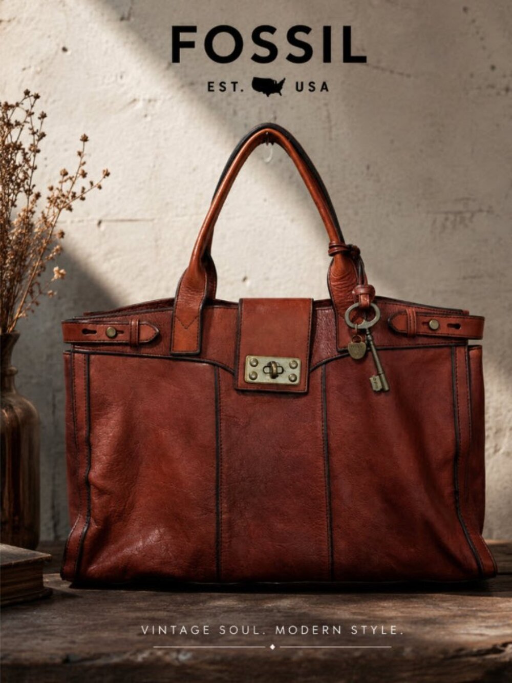 Fossil Distressed Brown Leather Tote Bag Large Unisex Work Travel Shopper